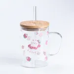 Чашка скляна з дерев'яною кришкою та трубочкою Геометричні візерунки, карта, смужка (HP7214C)