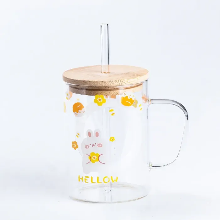 Чашка скляна 0.5 (л) з дерев'яною кришкою та трубочкою Написи (HP7214B) - изображение 1