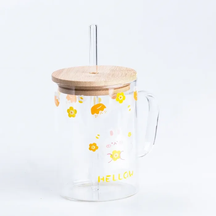 Чашка скляна 0.5 (л) з дерев'яною кришкою та трубочкою Написи (HP7214B) - изображение 2
