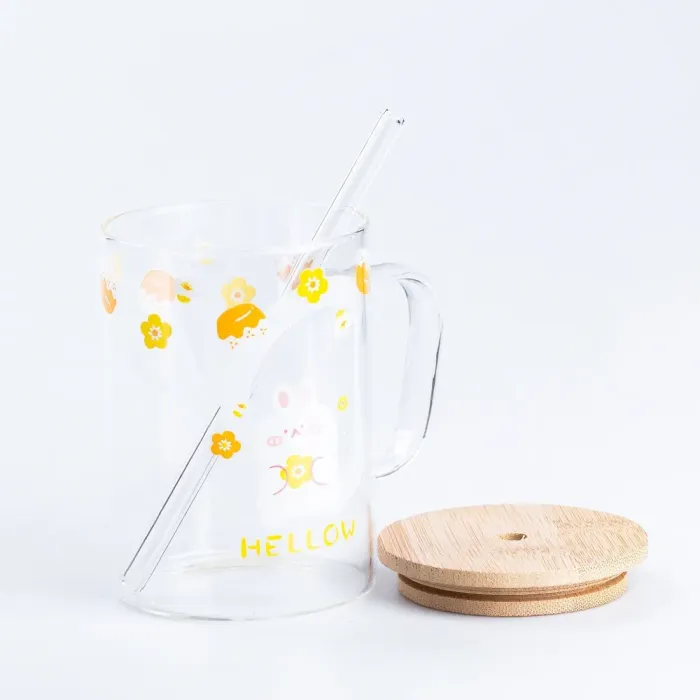Чашка скляна 0.5 (л) з дерев'яною кришкою та трубочкою Написи (HP7214B) - изображение 3