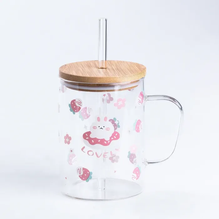 Чашка скляна 0.5 (л) з дерев'яною кришкою та трубочкою Геометричні візерунки, карта, смужка (HP7214C) - изображение 1