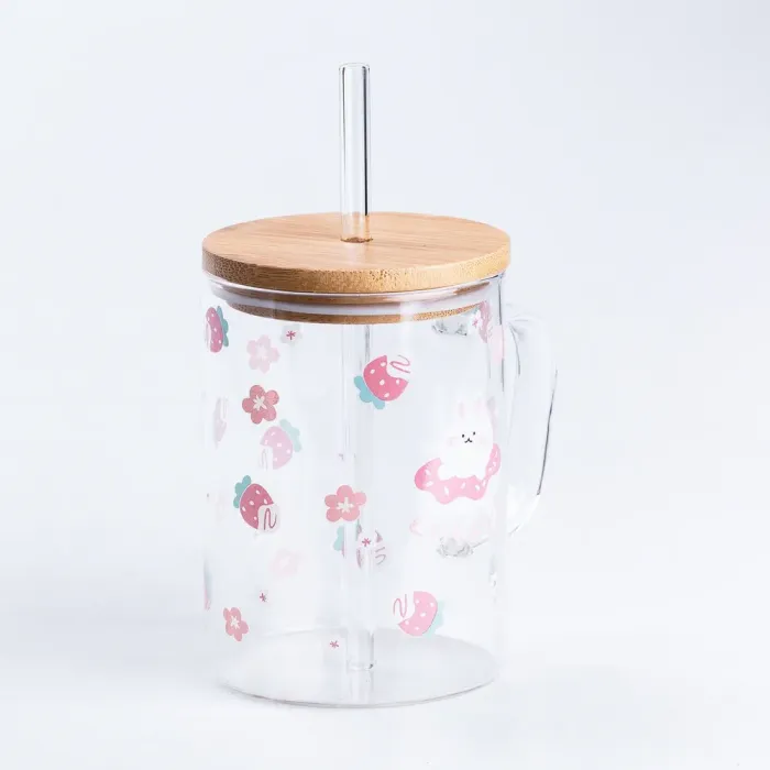 Чашка скляна 0.5 (л) з дерев'яною кришкою та трубочкою Геометричні візерунки, карта, смужка (HP7214C) - изображение 2