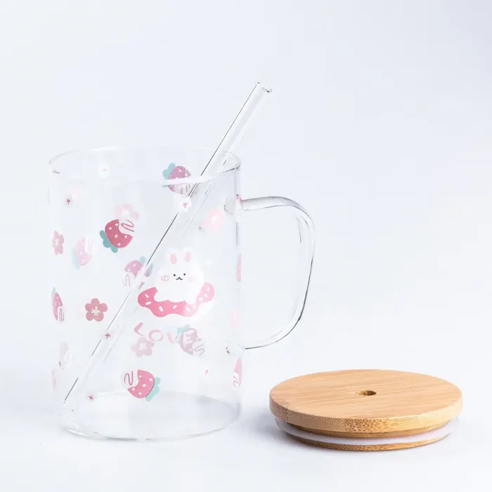 Чашка скляна 0.5 (л) з дерев'яною кришкою та трубочкою Геометричні візерунки, карта, смужка (HP7214C) - изображение 3