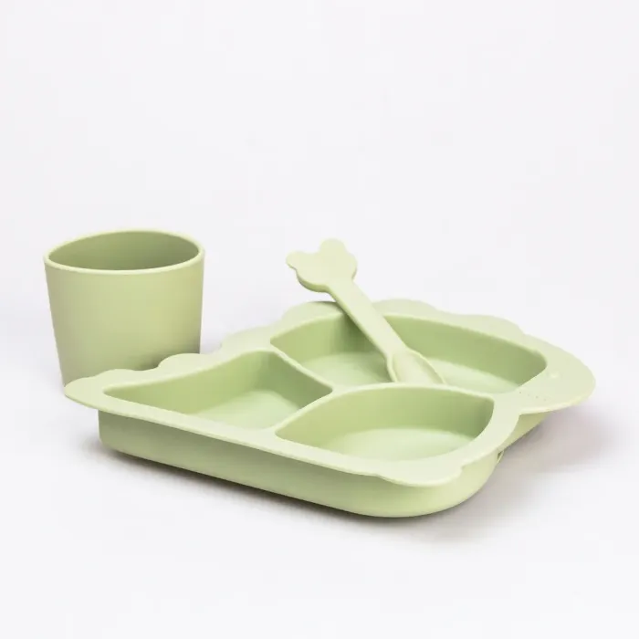 Дитячий набір силіконового посуду чашка / тарілка з трьома секціями / ложка (HP34545G) - зображення 3