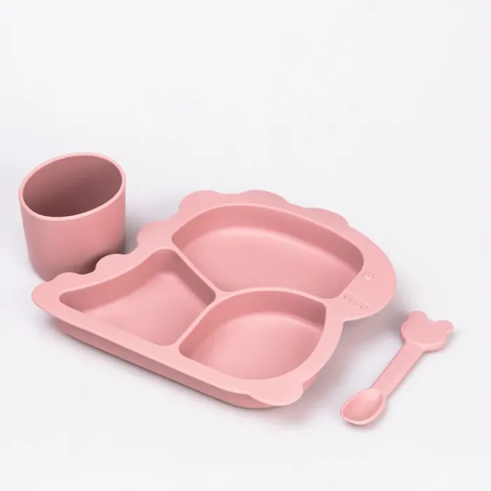 Дитячий набір силіконового посуду чашка / тарілка з трьома секціями / ложка Рожевий (HP34545P) - зображення 2