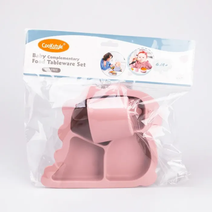 Дитячий набір силіконового посуду чашка / тарілка з трьома секціями / ложка Рожевий (HP34545P) - зображення 5