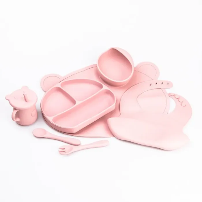 Дитячий набір силіконового посуду для годування дитини 7 предметів Рожевий (HP34546P) - зображення 1