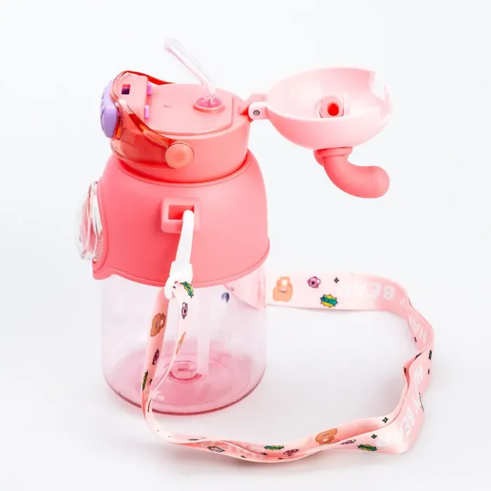 Детская бутылка для воды с трубочкой с ремешком розовая бутылочка для воды (HP18312P) - изображение 2