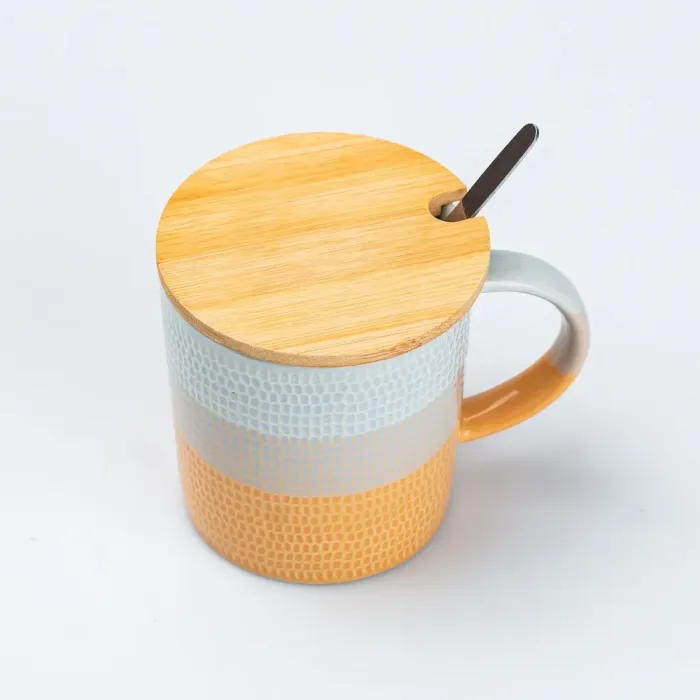 Чашка с бамбуковой крышкой и ложкой керамическая 350 мл Оранжевая (HP7201O) - изображение 3