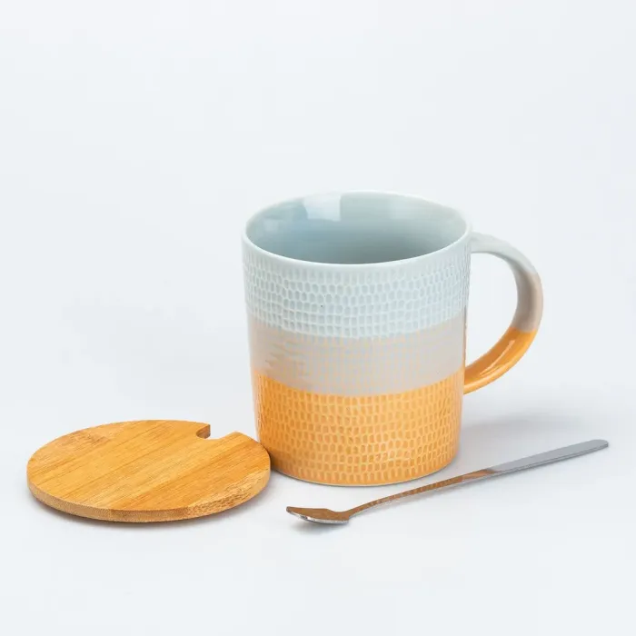 Чашка с бамбуковой крышкой и ложкой керамическая 350 мл Оранжевая (HP7201O) - изображение 2