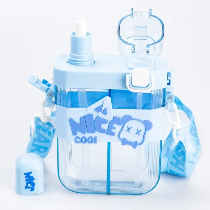 Бутылка для воды с трубочкой пластиковая с ремешком голубая бутылочка для воды (HP18311BL) - изображение 3