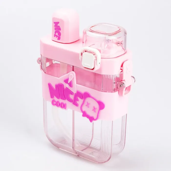 Бутылка для воды с трубочкой пластиковая с ремешком розовая бутылочка для воды (HP18311P) - изображение 3