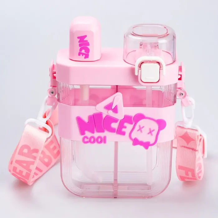 Бутылка для воды с трубочкой пластиковая с ремешком розовая бутылочка для воды (HP18311P) - изображение 1