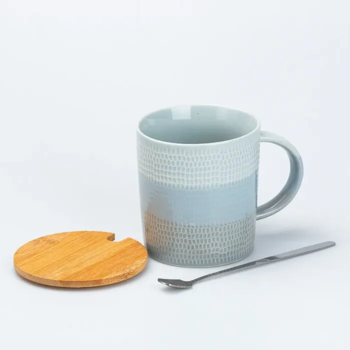 Чашка с бамбуковой крышкой и ложкой керамическая 350 мл Серая (HP7201G) - изображение 2