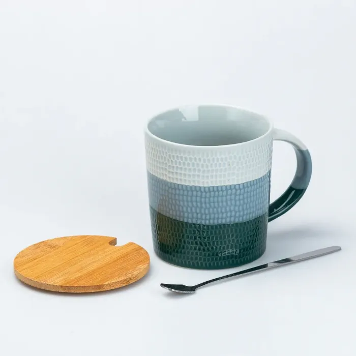 Чашка с бамбуковой крышкой и ложкой керамическая 350 мл Зеленая (HP7201GR) - изображение 2