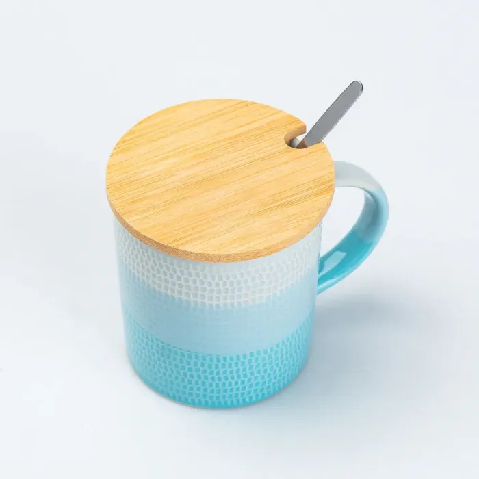 Чашка с бамбуковой крышкой и ложкой керамическая 350 мл Голубая (HP7201BL) - изображение 3