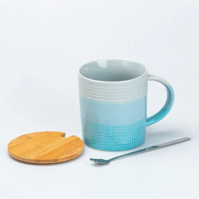 Чашка с бамбуковой крышкой и ложкой керамическая 350 мл Голубая (HP7201BL) - изображение 2