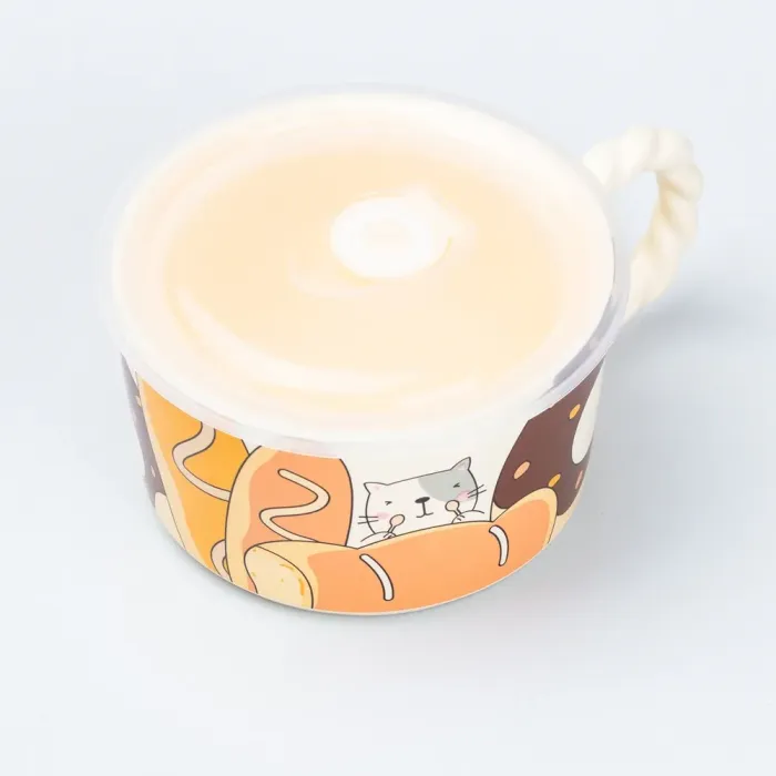 Керамічна бульйонниця 800 мл з пластиковою кришкою "Кот" супниця миска для локшини (HP7215cat) - зображення 3