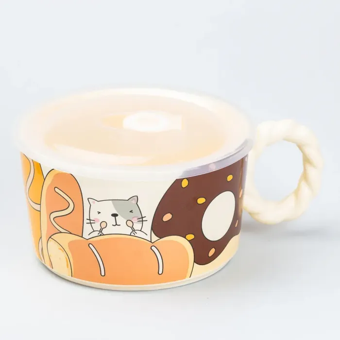 Керамічна бульйонниця 800 мл з пластиковою кришкою "Кот" супниця миска для локшини (HP7215cat) - зображення 1