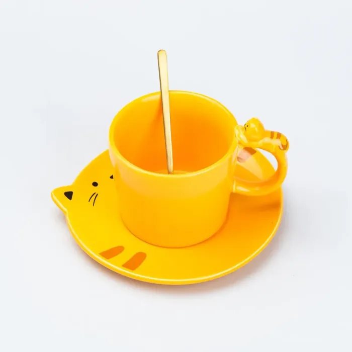 Чашка с блюдцем и ложкой керамическая 250 мл "Котенок" Желтая (HP7202Y) - изображение 3