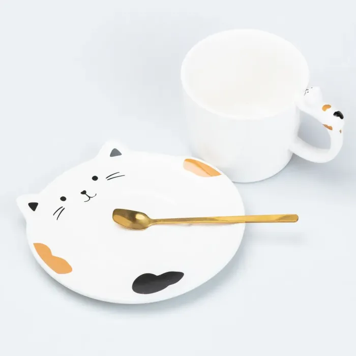 Чашка с блюдцем и ложкой керамическая 250 мл "Котенок" Белый (HP7202W) - изображение 2