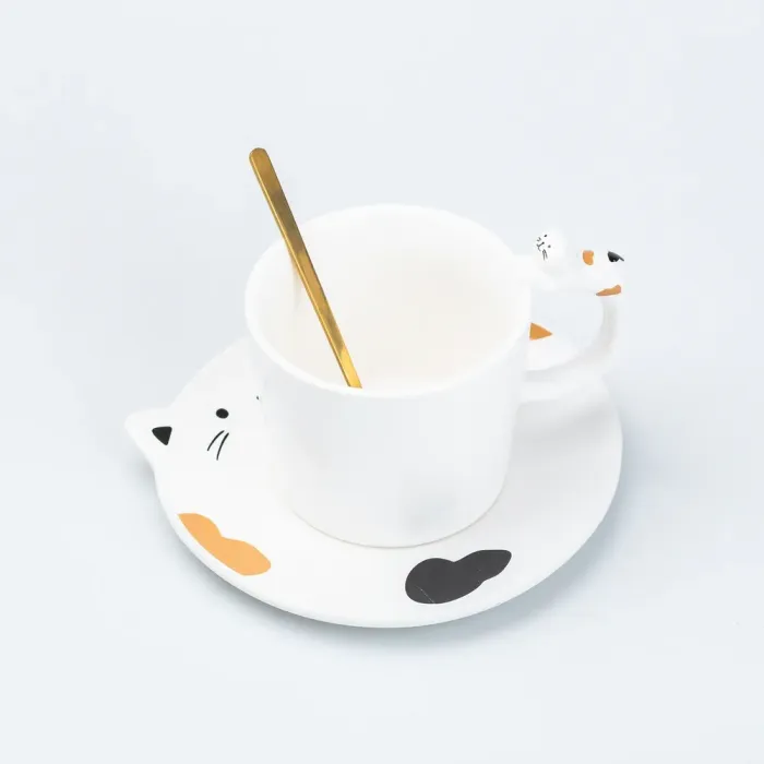 Чашка с блюдцем и ложкой керамическая 250 мл "Котенок" Белый (HP7202W) - изображение 3