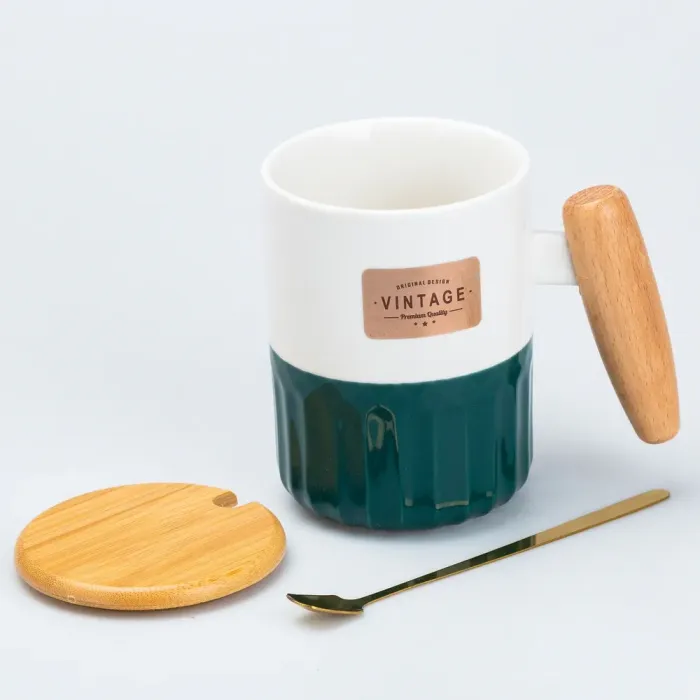 Чашка керамическая с бамбуковой крышкой и ручкой 400 мл Зеленая (HP7204GR) - изображение 2