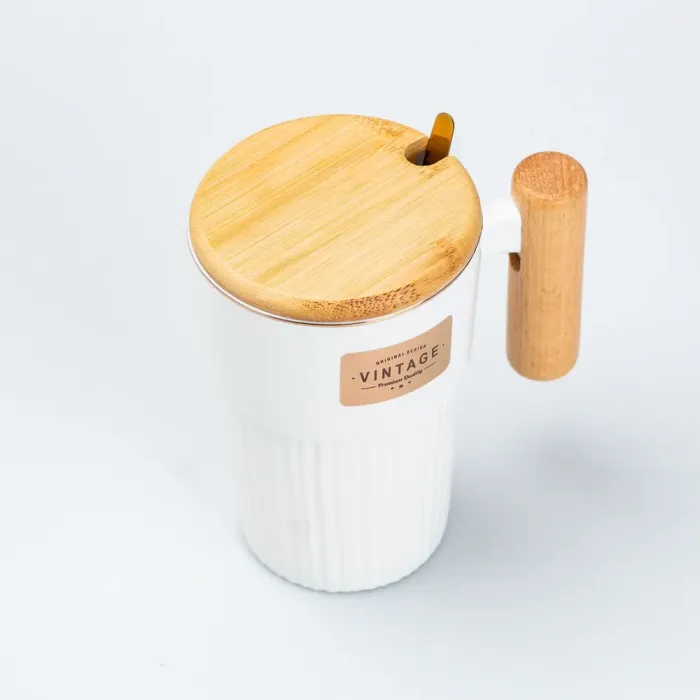 Чашка керамическая с ложкой и бамбуковой крышкой 400 мл Белая (HP7205W) - изображение 3