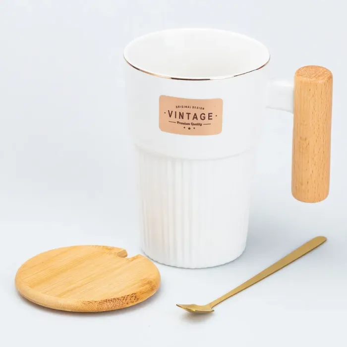 Чашка керамическая с ложкой и бамбуковой крышкой 400 мл Белая (HP7205W) - изображение 2