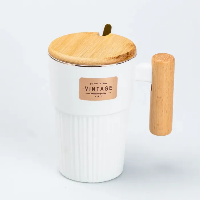 Чашка керамическая с ложкой и бамбуковой крышкой 400 мл Белая (HP7205W) - изображение 1