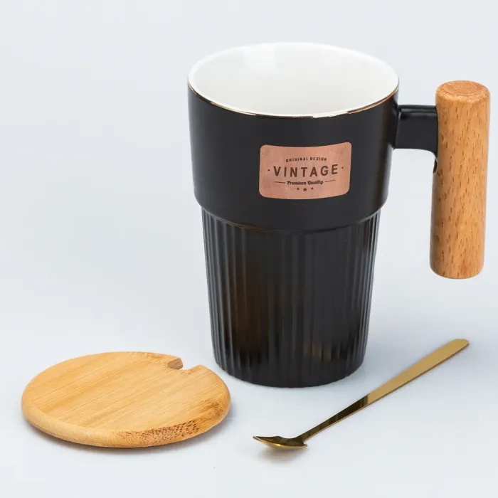 Чашка керамическая с ложкой и бамбуковой крышкой 400 мл Черная (HP7205B) - изображение 2