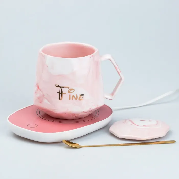 Чашка керамическая с крышкой 400 мл с подставкой для подогрева Розовая (HP7191P) - изображение 3