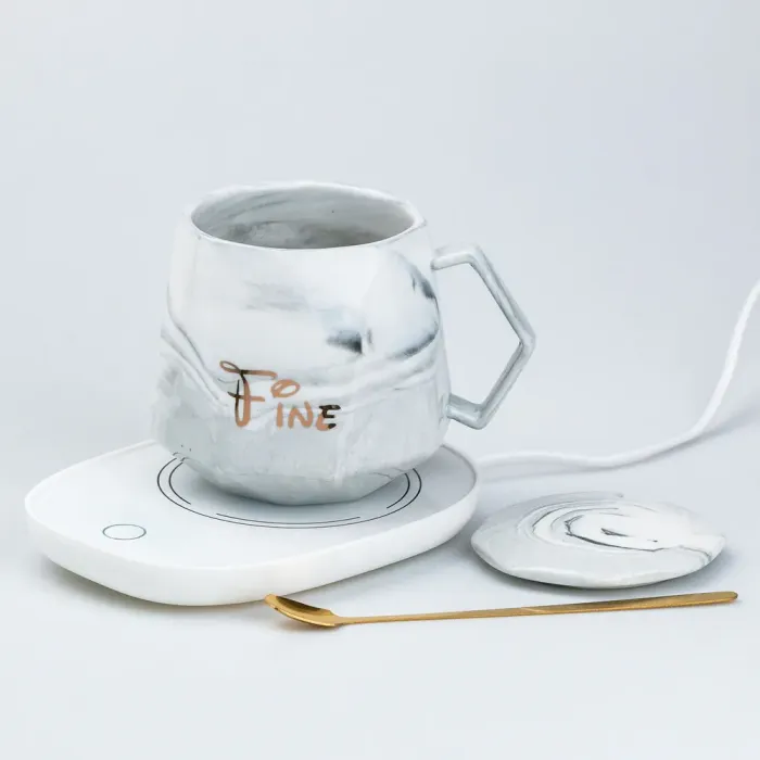 Чашка керамическая с крышкой 400 мл с подставкой для подогрева Серая (HP7191G) - изображение 3