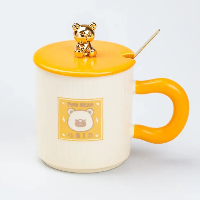 Чашка с крышкой и ложкой 300 мл керамическая Мишка Белая (HP7198W) - изображение 1