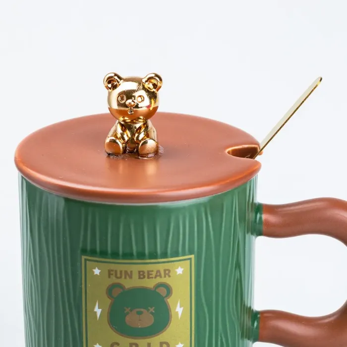 Чашка с крышкой и ложкой 300 мл керамическая Мишка Зеленая (HP7198GR) - изображение 3