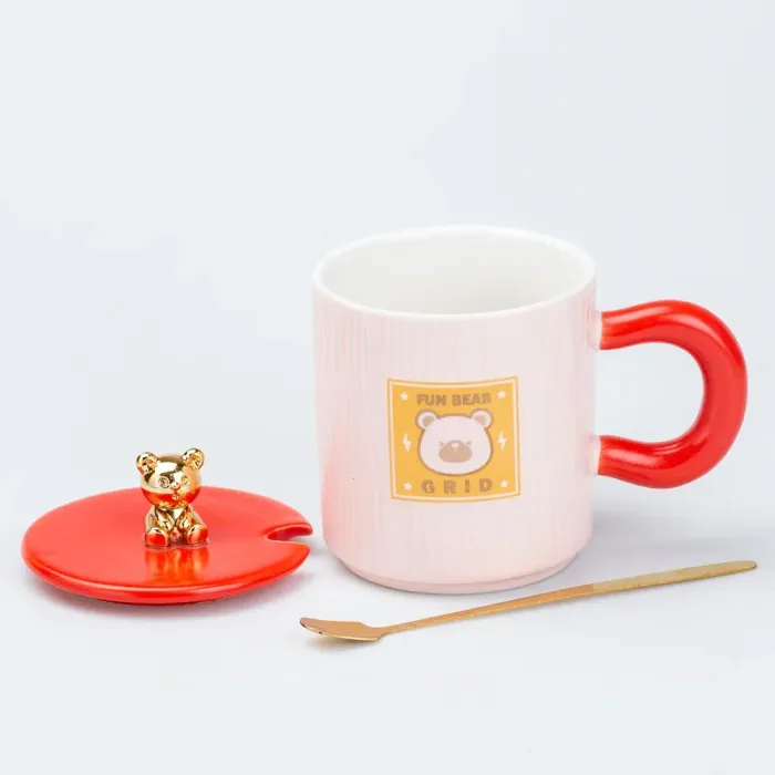 Чашка с крышкой и ложкой 300 мл керамическая Мишка Розовая (HP7198P) - изображение 2