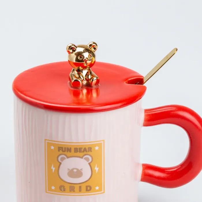 Чашка с крышкой и ложкой 300 мл керамическая Мишка Розовая (HP7198P) - изображение 3