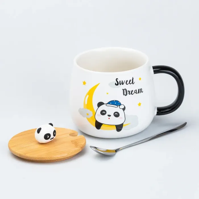 Чашка 450 мл с бамбуковой крышкой и ложкой керамическая Панда "Smeet Dream" (HP7203MONTH) - изображение 2