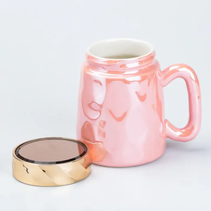 Чашка с крышкой 450 мл керамическая в зеркальной глазури Розовая (HP7195P) - изображение 2
