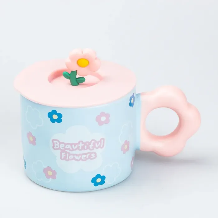 Чашка с крышкой 300 мл керамическая "Цветок" Голубая (HP7196BL) - изображение 1
