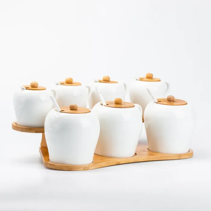 Набір ємностей для спецій із ложками на дерев'яній підставці 7 шт баночки 300 и 600 мл (HP248) - зображення 5