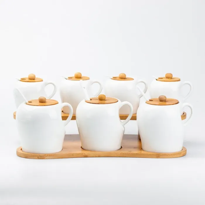 Набір ємностей для спецій із ложками на дерев'яній підставці 7 шт баночки 300 и 600 мл (HP248) - зображення 6