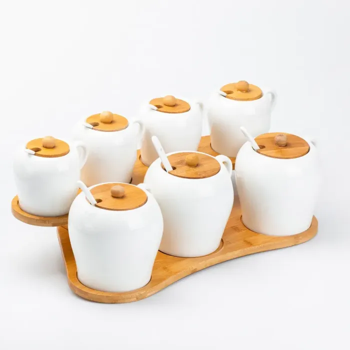 Набір ємностей для спецій із ложками на дерев'яній підставці 7 шт баночки 300 и 600 мл (HP248) - зображення 7