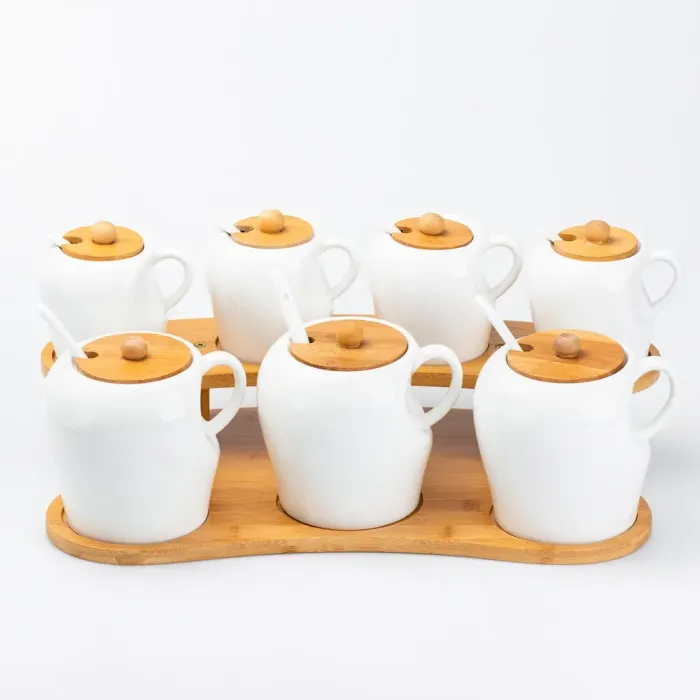 Набір ємностей для спецій із ложками на дерев'яній підставці 7 шт баночки 300 и 600 мл (HP248) - зображення 1