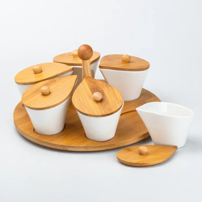 Набір керамічних баночок для приправ з ложкою та бамбуковою кришкою 6 шт (HP258) - зображення 3