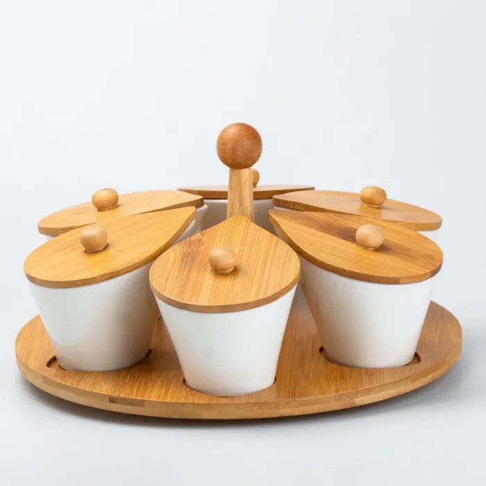 Набір керамічних баночок для приправ з ложкою та бамбуковою кришкою 6 шт (HP258) - зображення 5