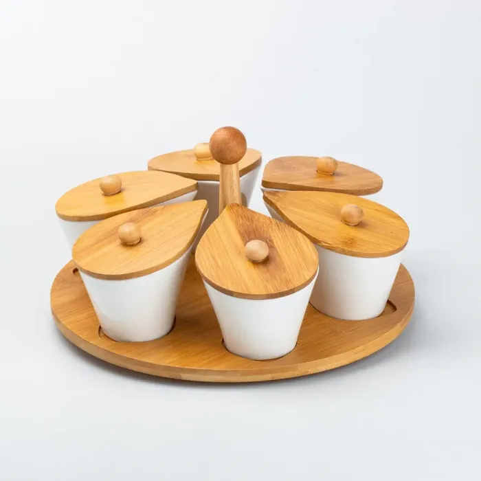 Набір керамічних баночок для приправ з ложкою та бамбуковою кришкою 6 шт (HP258) - зображення 6