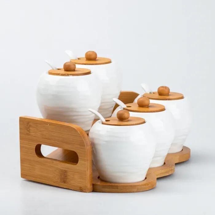 Набор для специй с сервировочными ложками и крышками на деревянной подставке 5 шт. (HP262) - изображение 3