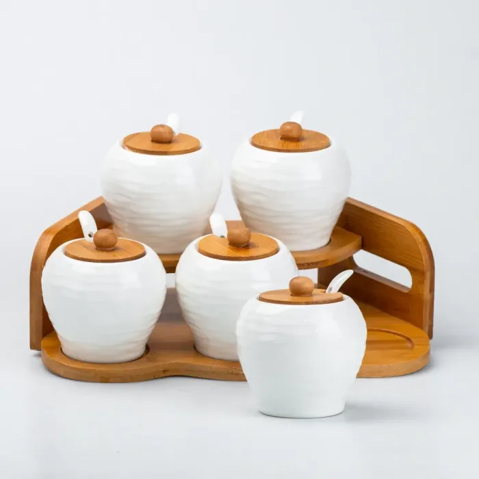 Набор для специй с сервировочными ложками и крышками на деревянной подставке 5 шт. (HP262) - изображение 2