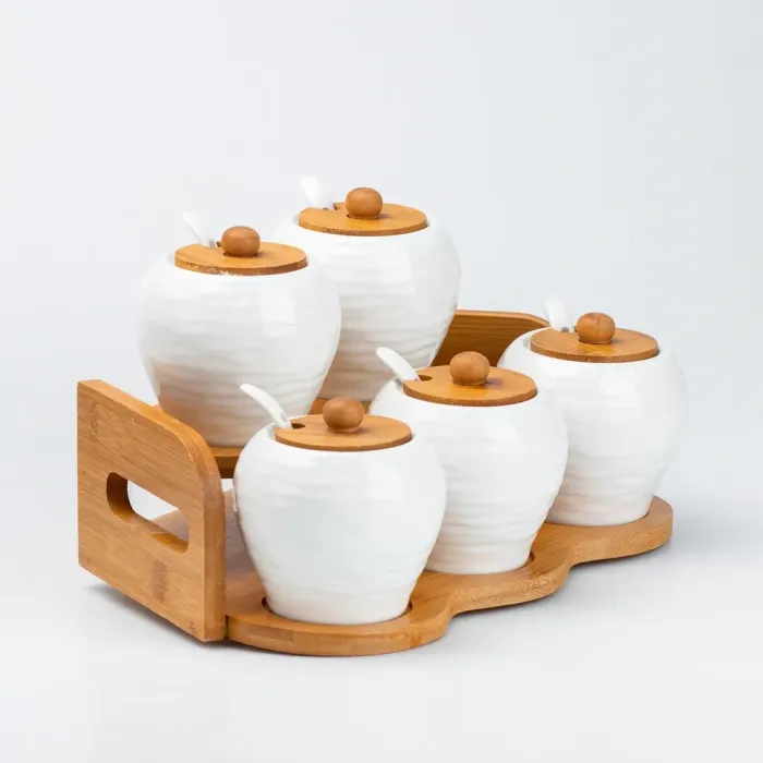 Набор для специй с сервировочными ложками и крышками на деревянной подставке 5 шт. (HP262) - изображение 4